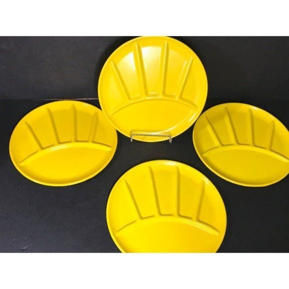1 Vintage yellow MCM enamel divided dish Mid century modern metal fondue plate, - Picture 2 of 10